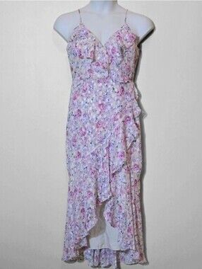 Express Floral Ruffle High Low Dress‎ Size M Romantic Feminine Faux Wrap Summer